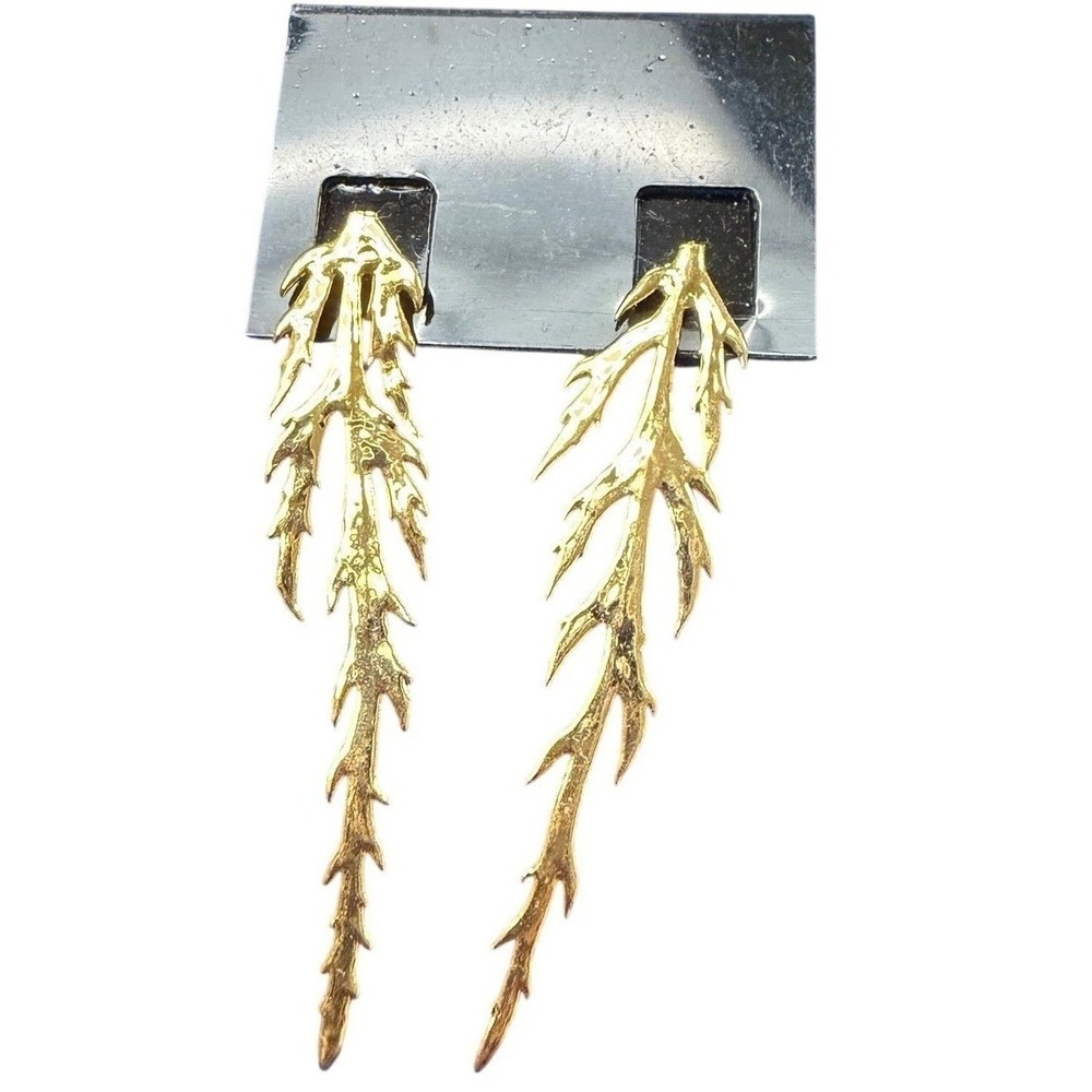 Gold Tone Branch Dangle Earrings Textured Botanical Leaf Drop Post Backs